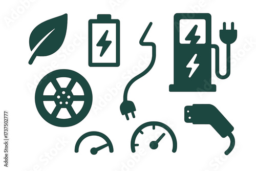 Symbols representing electric vehicles and sustainable energy sources in a modern design