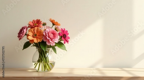 Vibrant Gerbera Daisies in a Clear Glass Vase on a Light Wooden Surface with Soft Sunlight Streaming Through a Window