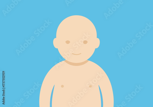 Cute Baby's Head and Shoulders with a Gentle Smile on a Light Blue Background