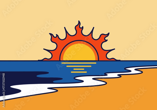 Colorful Sunset Over Ocean Waves on a Sandy Beach, Relaxing Scene