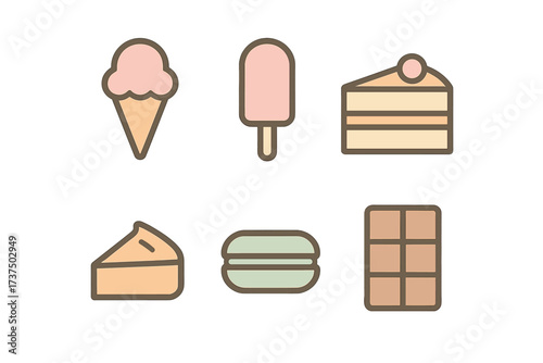 Collection of sweet dessert elements including ice cream, cake, and chocolate