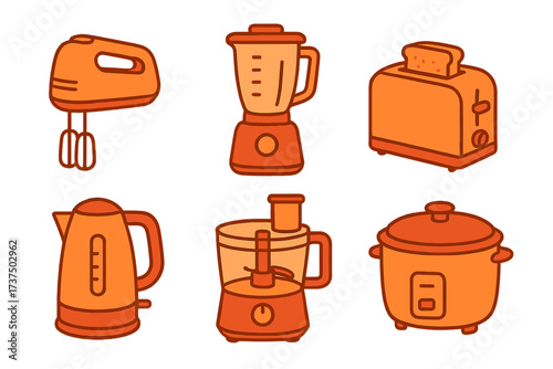 Kitchen appliances collection featuring blender, toaster, mixer, kettle, food processor, and rice cooker in orange colors