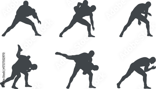 Silhouette of wrestling athletes performing throws, grappling moves, martial arts techniques, combat training, mixed martial arts, and takedown sequences