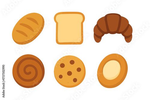 Assortment of freshly baked bread, pastries, and cookies on a white background