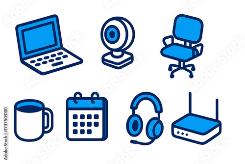 Blue icons representing a workspace setup with a laptop, webcam, chair, mug, calendar, headphones, and router