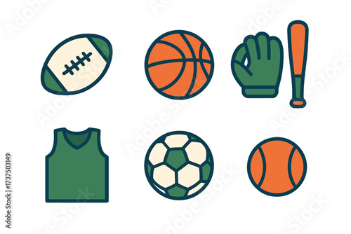 Various sports equipment displayed together featuring a rugby ball, basketball, baseball glove, bat, soccer ball, jersey, and tennis ball