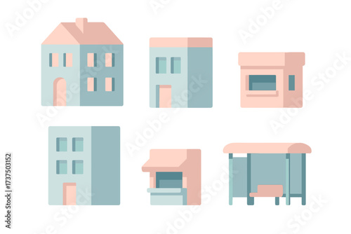 Collection of stylized urban buildings, shops, and public transport stop in flat design