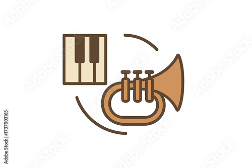 Musical instruments with piano keyboard and trumpet creating harmonious sound