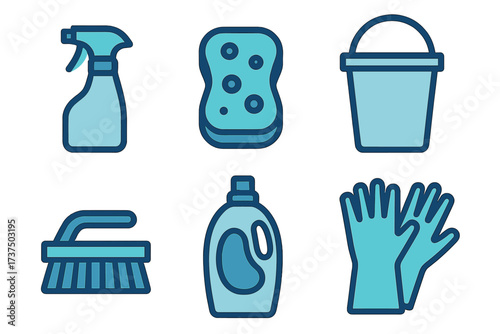 Essential household cleaning items including spray bottle, sponge, bucket, brush, detergent, and gloves