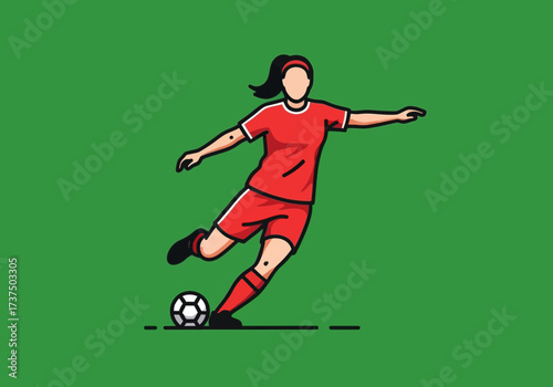 Female Soccer Player Kicking Ball on Green Field Background, Dynamic Vector Illustration