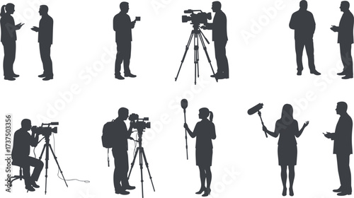 Silhouettes of Journalists, Cameramen, Reporters, Interviewers, Media Crew, Broadcasting, Filming, Recording, News Interview, Video Production, Studio Lighting, Communication Scene