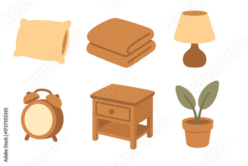 Collection of cozy bedroom essentials including furniture and decorative objects