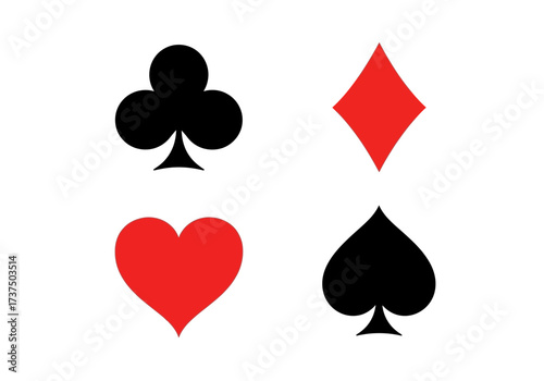 Four Playing Card Suits Icons on Isolated White Background, Poker and Casino Symbols, Game of Cards Design Elements