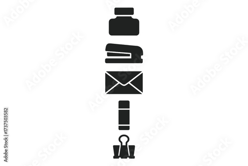 Collection of essential office and stationery supplies including ink, stapler, envelope, glue, and binder clip