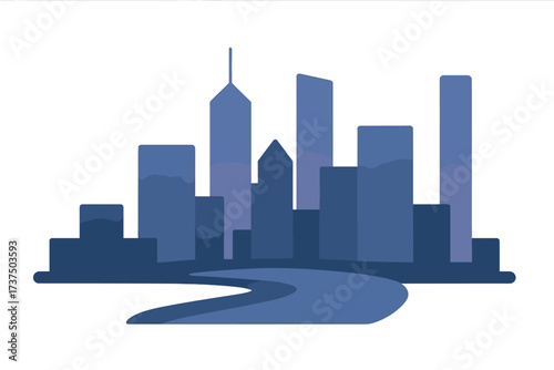 Abstract urban landscape featuring a contemporary city skyline and flowing river