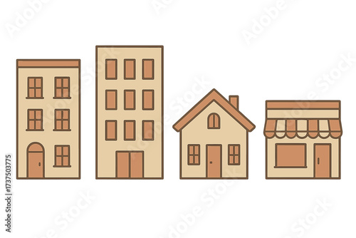 Different types of buildings shown in a simple and colorful design, showcasing urban and suburban architecture styles