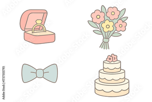 Engagement ring box, floral bouquet, elegant bow tie, and tiered wedding cake