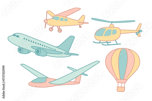 Assortment of air travel vehicles with propeller plane, jet, glider, helicopter, and balloon
