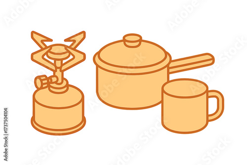 Essential camping cooking equipment including a portable stove, pot, and mug for outdoor travel