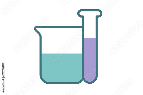 Laboratory beaker and test tube filled with colorful chemical solutions for scientific experiments