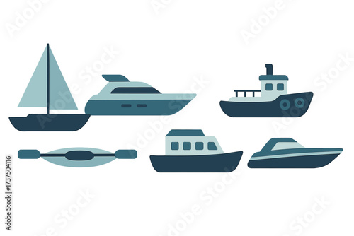 Collection of diverse watercraft for maritime travel and recreation on water