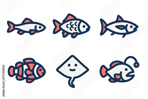 Colorful cartoon fish in various styles, representing ocean life and aquatic species in a playful design