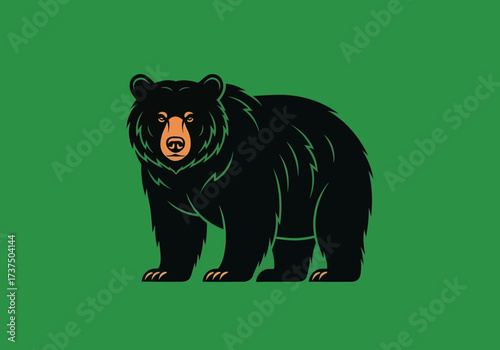 Black Bear Standing with Bold Orange Features on Solid Green Background