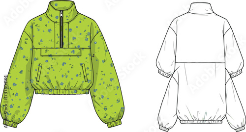 Trendy floral cropped windbreaker jacket, half zip pullover design, colorful outerwear fashion, front and back view technical sketch