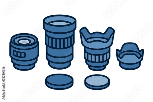 Collection of various camera lenses and photography accessories for digital imaging