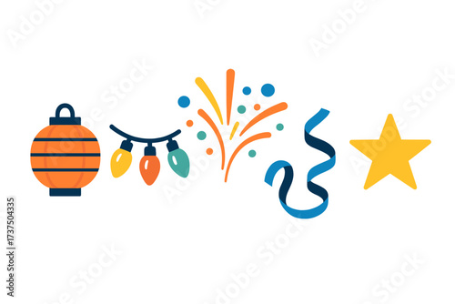 Decorations for a festive celebration with lights, lanterns, and fireworks in a joyful atmosphere
