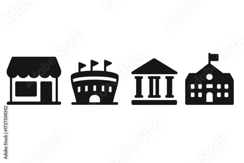 Collection of essential building icons including shop, stadium, bank, and school