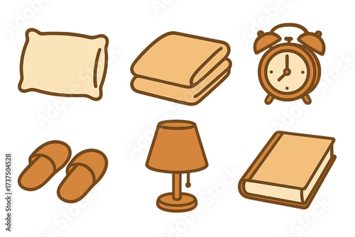 Cozy bedroom essentials including a pillow, blanket, clock, slippers, lamp, and book for a relaxing evening