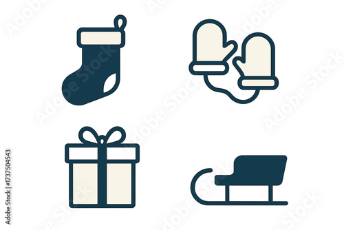 Winter holiday symbols set with Christmas stocking mittens gift box and sleigh