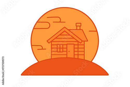 Cozy wooden cabin on a hill with a large orange sun in the background