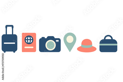 Travel and vacation essentials icon set for global journeys and adventures