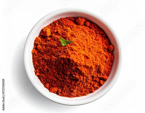 Spiced orange powder in white bowl, top-down view