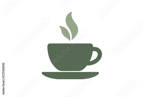 Modern icon of a warm beverage cup on a saucer with stylized leaf steam design