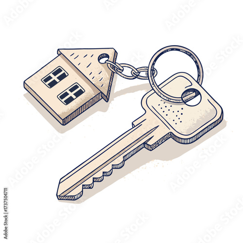Hand-Drawn House Key and Keychain: Home Security Illustration