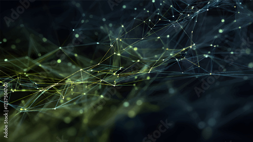Abstract representation of interconnected nodes and lines, resembling a digital network or neural connections, with glowing blue and white elements against a dark background.