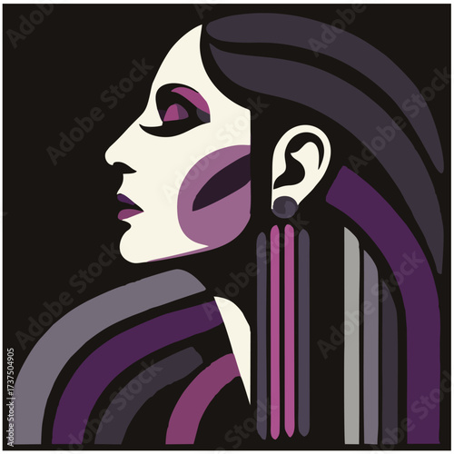 Abstract, minimalist portrait of a woman's profile with dramatic makeup and long earrings, featuring shades of purple, white, and black in a retro art style.