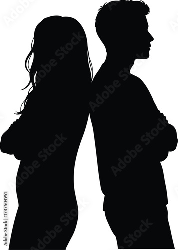 Art & IllustrationSilhouette of angry couple standing back to back, relationship conflict, man and woman arguing, emotional distance, breakup concept