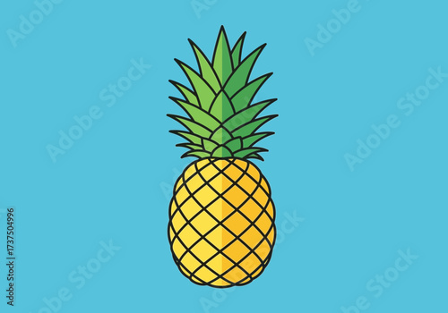 Fresh Tropical Pineapple Fruit with Green Leaves on a Bright Blue Background