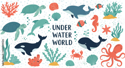 Art & IllustrationUnderwater world illustration with marine animals, sea creatures, ocean life, colorful corals, cute cartoon whales, fish, turtles, and