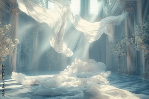 Maternity backdrop, wedding backdrop, photography background with delicate flowers and flying flowy fabric.