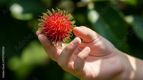 Child's Hand Gently Holds Ripe Rambutan Fruit, Vibrant Red Hues Against Lush Green Foliage.