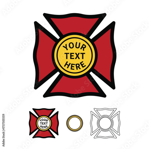 Vector art of firefighter maltese cross logo featuring a red cross with a yellow circle in the center, customizable for text and emblem design