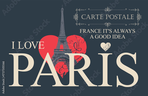 Vector greeting card with Eiffel Tower,  France. Or vintage postal envelope with heart sign and words i love Paris. French school. Valentine's Day. Travel agency banner. No AI used
