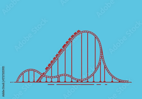 Red Roller Coaster Train Climbing Steep Hill on Blue Background, Thrilling Amusement Park Ride