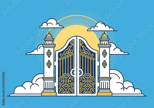 Majestic Ornate Golden Gates Open Wide under a Bright Sun and Fluffy Clouds, Symbolizing Heaven or Opportunity
