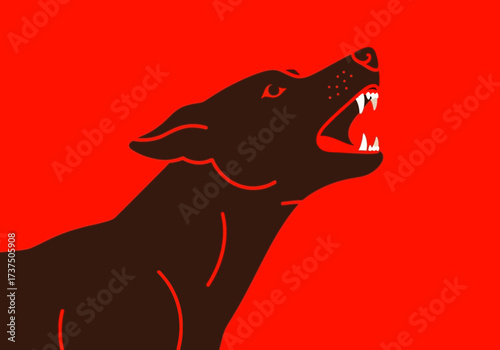 Fierce Wolf Howling with Bared Teeth on Solid Red Background